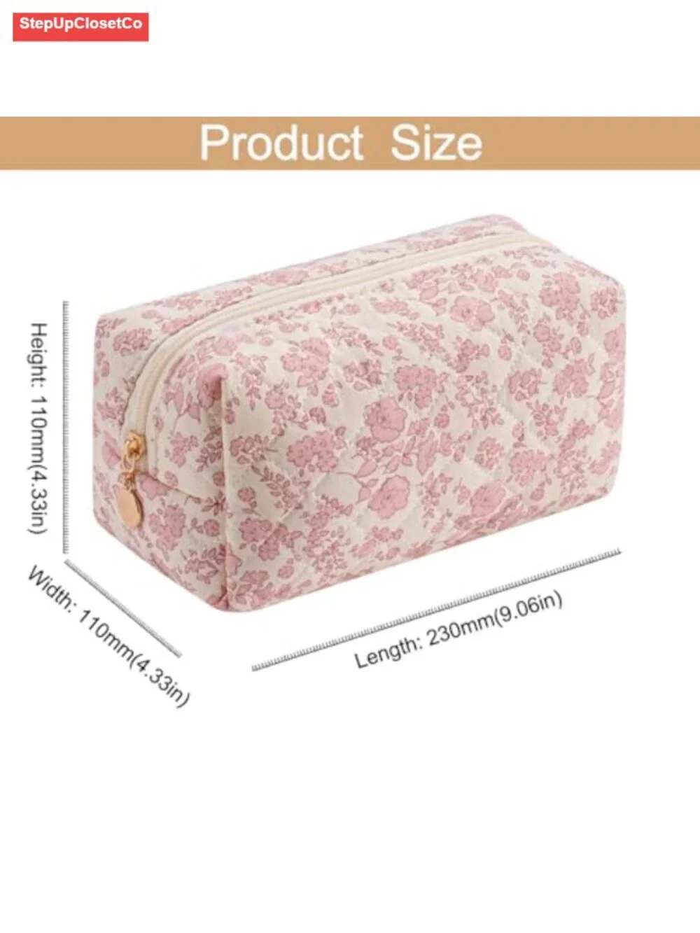 Quilted Cotton Square Makeup Bag with Metal Zipper, Cute Floral Design for